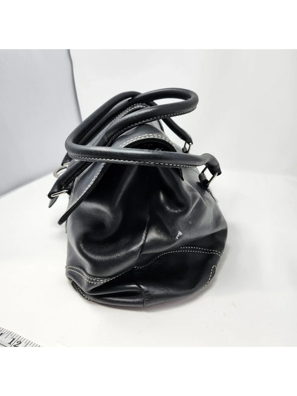 Coach Black Leather Flap Satchel Bag Contrast Stitching